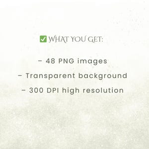 May include: Text on a light background reads "WHAT YOU GET:" followed by bullet points: "48 PNG images," "Transparent background," and "300 DPI high resolution." A green checkmark is next to the title.