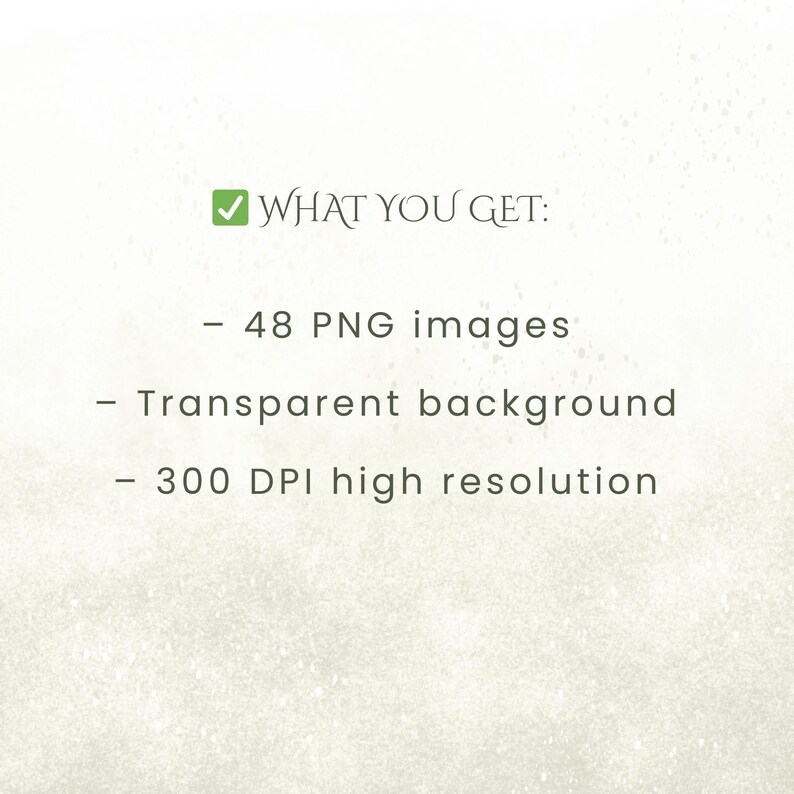 May include: Text on a light background reads "WHAT YOU GET:" followed by bullet points: "48 PNG images," "Transparent background," and "300 DPI high resolution." A green checkmark is next to the title.