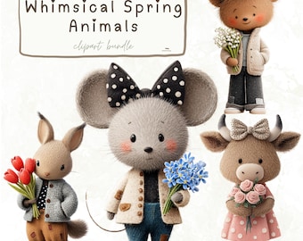 Clipart de animales de primavera: 38 criaturas caprichosas PNG, animales florales, gráficos para guarderías