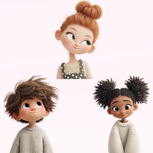 May include: A digital illustration of three cartoon children. A girl with red hair in a bun and a polka-dot pinafore looks to the side. A boy with brown hair looks up. A girl with afro puffs wears a sweater.
