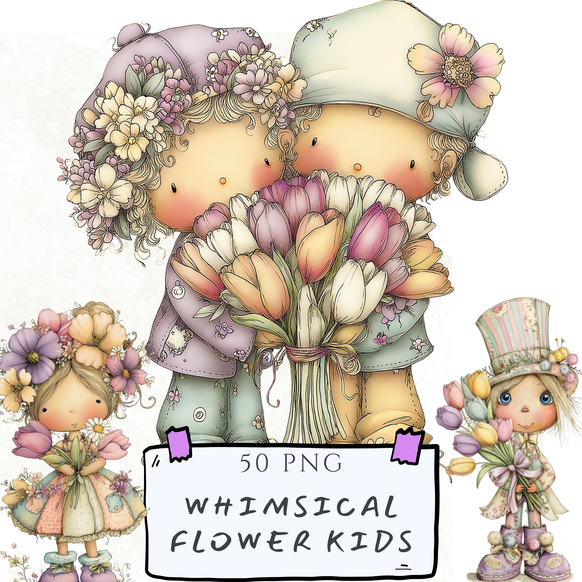Flower Kids Clipart Bundle: Spring Children PNG, Whimsical Easter Kids ...