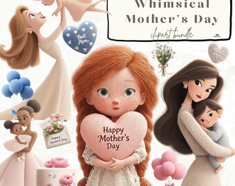 風変わりな母の日クリップアートセット：ママと赤ちゃんのPNG画像、ピンクと青のかわいい家族のイラスト、母の愛セット