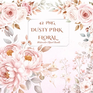 Dusty Pink Watercolor Flower Clipart: Romantic Rose PNG, Wedding Invitations