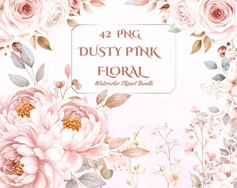 Dusty Pink Watercolor Flower Clipart: Romantic Rose PNG, Wedding Invitations