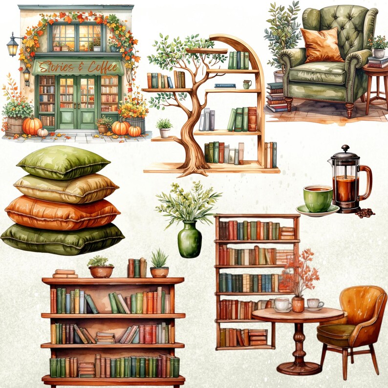 May include: Watercolor illustration featuring a cozy bookstore with pumpkins, a green armchair with an orange pillow, and various bookshelves filled with books. Also includes a stack of pillows and coffee.