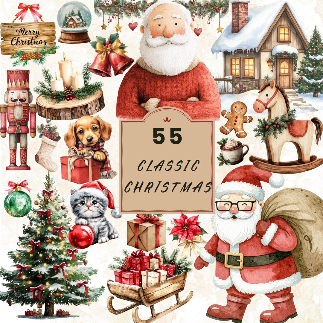 Rustic Christmas Clipart: Red & Green Watercolor PNG Illustrations ...