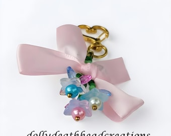 Crystal Blooms Beaded Bouquet Keychain With Pink Bow