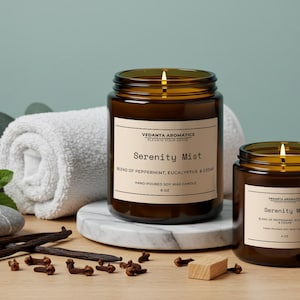 Serenity Mist - Peppermint-Eucalyptus-Cedarwood Soy Candle 4/8oz 35-40 Hours Hand Poured with All Natural Soy wax | Herbal Candle