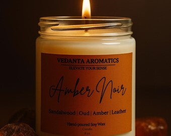 Amber Noir Luxury Candle | Sandalwood Oud Amber & Leather | Warm Woodsy Home Fragrance | Masculine Scent