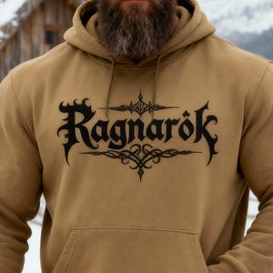 Felpa con cappuccio Ragnarök | Felpa con cappuccio vichinga con scritte norrene e design runico | Abbigliamento mitologico norreno | Idea regalo per Odino