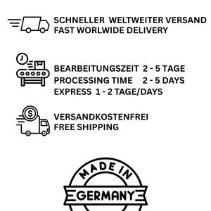 May include: A graphic with the text "DAN'S T-SHIRT GARAGE" in a red rectangle. Below are icons and text indicating fast worldwide delivery, processing time of 2-5 days, and free shipping. A "Made in Germany" seal is also present.