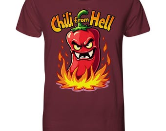 Organic cotton T-shirt “Chili from Hell” - Hot chili monster design | Funny unisex shirt | Gift for BBQ & hot sauce fans