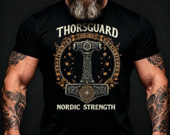 Thorsguard Nordic Strength T-Shirt | Viking Mjolnir Shirt with Runes | Norse Mythology Tee for Men & Women | Odin Gift Idea