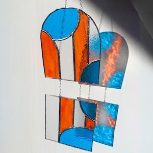 Handmade Geometric Stained Glass Suncatcher - Blue, Orange & Clear Glass