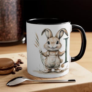 Taza de conejito con letra I: taza de café con detalles coloridos, regalo perfecto para Pascua, cumpleaños, amantes de las mascotas, decoración del hogar