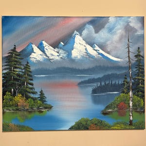 Snowcapped Mountain Lake and Evergreen Trees Oil Painting