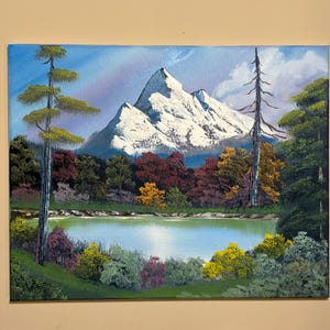 Spring Landscape Painting with Snowy Mountains and Colorful Sky