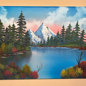 Mountain Landscape Oil Painting - Spring Colors with Pink and Blue Sky