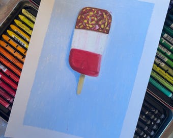 Dibujo original de paleta de helado, arte culinario en tonos pastel, decoración divertida para la pared de la cocina.
