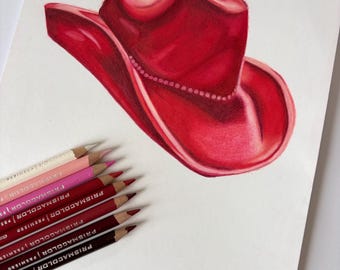 Original Red Cowboy Hat Drawing, Prismacolor Pencil Western Art