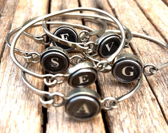 Vintage Typewriter Key Initial Bracelets | Personalized Alphabet Jewelry | Handmade Writer Gift | Churoncalla