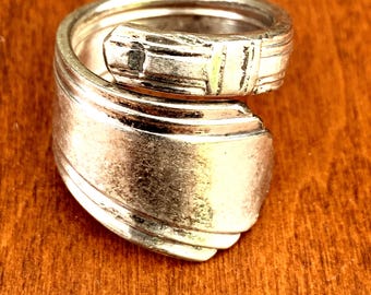 Large  Silver plate bypass  spoon  ring bold size 13 adjustable  unisex rustic look