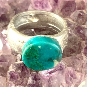 Peruvian Chrysocolla  stone ring hand made oval  of a kind rustic peruvian tinge gift idea