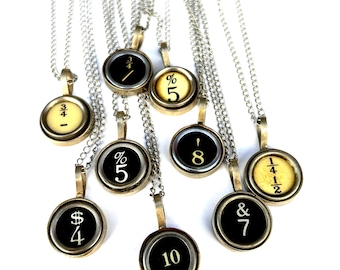Numbers 4, 5, 7, 8,  10 and fractions vintage typewriter key  charm pendant necklaces