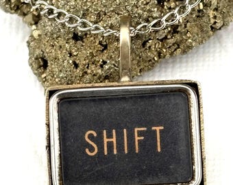 Shift  and tabular  vintage typewriter key  charm pendant  book inspired literary fashion   18' chain