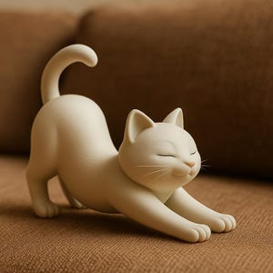 May include: A cream-colored cat figurine in a stretching pose. The cat has closed eyes and a slight smile, with its front paws extended. The tail is curved upwards. The figurine is placed on a brown surface.