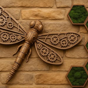May include: A steampunk-style dragonfly wall art piece with intricate gear details, in shades of bronze and gold, mounted on a textured brick wall. Adjacent are hexagonal wooden frames filled with green moss.