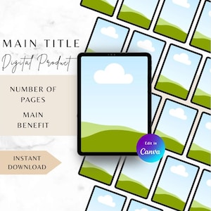 Puede incluir: Una maqueta de producto digital con una tableta que muestra un paisaje y una nube. La imagen incluye el texto "MAIN TITLE", "Digital Product", "NUMBER OF PAGES", "MAIN BENEFIT" e "INSTANT DOWNLOAD". Un botón dice "Edit in Canva".