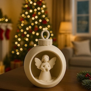 May include: Cream-coloured Christmas bauble with an angel figurine inside. The ornament has a loop for hanging and is set on a wooden surface. A Christmas tree with lights is in the background.