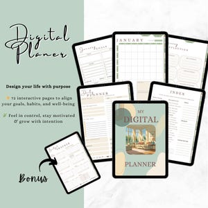 Puede incluir: Varios planificadores digitales en tabletas, con una paleta de colores verde suave y beige. El planificador incluye secciones para metas, hábitos y un rastreador de presupuesto. El texto en la imagen dice "Digital Planner" y "Design your life with purpose."