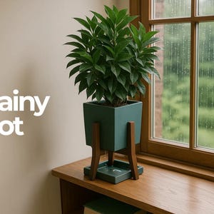 Könnte beinhalten: Ein grüner quadratischer Pflanztopf mit einer Blühpflanze, getragen von einem Holzständer, steht auf einer Holzoberfläche. Der Text "Rainy Pot" ist in Weiß dargestellt. Im Hintergrund ist ein Fenster mit Regentropfen.