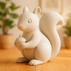 Può includere: Statuina di scoiattolo bianco in ceramica che tiene una ghianda. Lo scoiattolo ha una coda folta ed è posizionato su una superficie di legno. Un oggetto decorativo per la casa.