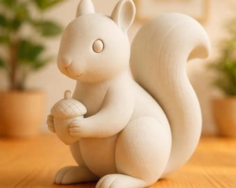 May include: A white ceramic squirrel figurine holding an acorn. The squirrel has a fluffy tail and is sitting on a wooden surface. The figurine is a decorative item, perfect for home decor.