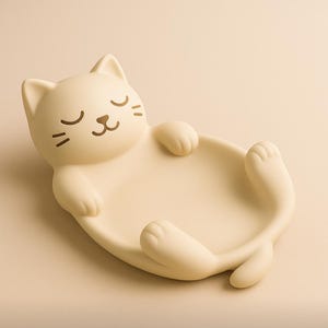 May include: A cream-colored cat-shaped tray with a smiling face and closed eyes. The tray is designed to look like a cat lying on its back, with its paws and tail extended. The tray is made of a smooth material.
