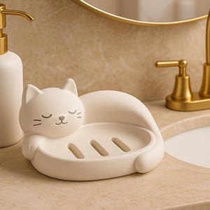 May include: A white ceramic soap dish shaped like a sleeping cat, with a matching soap dispenser with a gold pump. The bathroom accessories are on a beige countertop, with a gold faucet and mirror in the background.
