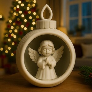 Könnte beinhalten: Weißer Weihnachtsschmuck mit einer detaillierten Engelsfigur im Inneren. Der Schmuck hat oben eine Schlaufe zum Aufhängen und steht auf einer Holzoberfläche. Ein Weihnachtsbaum mit Lichtern ist im Hintergrund zu sehen.