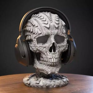 Könnte beinhalten: Ein weißer Kopfhörerständer in Schädelform mit aufwendigen, blütenartigen Schnitzereien. Der Ständer hält ein Paar dunkelgraue Kopfhörer. Der Ständer steht auf einer Holzoberfläche mit dunklem Hintergrund.