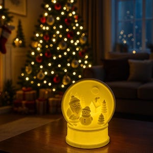 Può includere: Un globo di neve natalizio illuminato con Babbo Natale e un pupazzo di neve. Il globo emette una calda luce gialla, posto su un tavolo di legno scuro. Un albero di Natale decorato è visibile sullo sfondo.