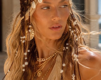 Brown Crochet Headpiece, Cowrie Shell Beaded Hair Accessory, Openwork Summer Resort Headwear