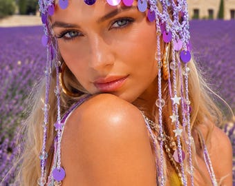 Lilac Crystal Headpiece, Beaded Dangles, Sequin Statement Hair Accessory, Festival Couture
