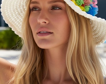 White Raffia Wide Brim Summer Hat, Colorful Floral Detail, Resort Beach Sun Hat