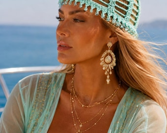 Mint Aqua Crochet Skull Cap, Crystal Bead Fringe Headpiece, Resort Hair Accessory