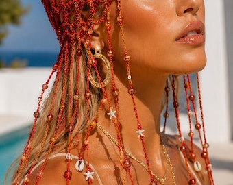 Red Openwork Headpiece, Beaded Dangles, Cowrie Shell Details, Resort Accessory