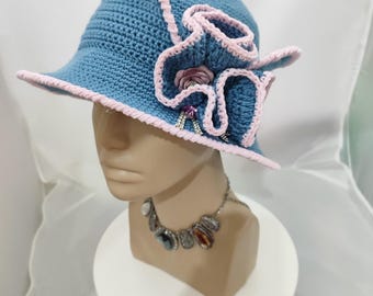 DRT TASARIM® Queen Hat, Blue Pink Sculptural Cotton Crochet Statement Summer Hat