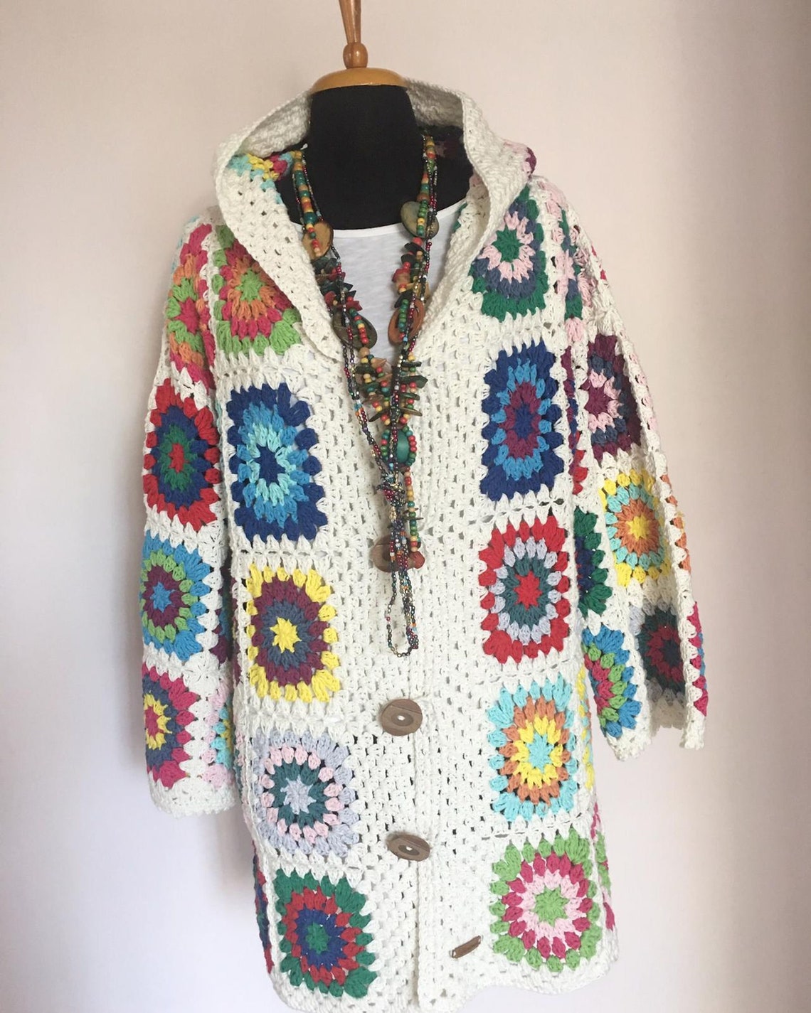 Granny Square Long Hooded Cardigan White crochet Etsy