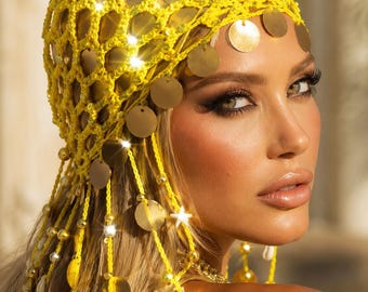 Yellow Gold Sequin Headpiece, Statement Dangle Cap, Resort Bridal Party Look